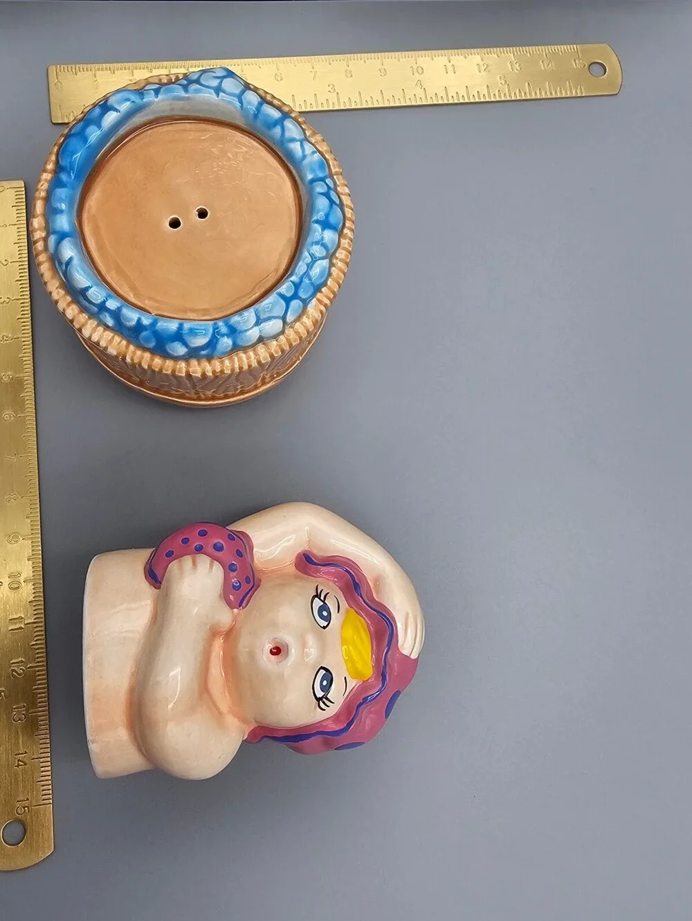 Vintage Ceramic Bathing Girl with Pink Polka Dot Cap Salt and Pepper Shakers